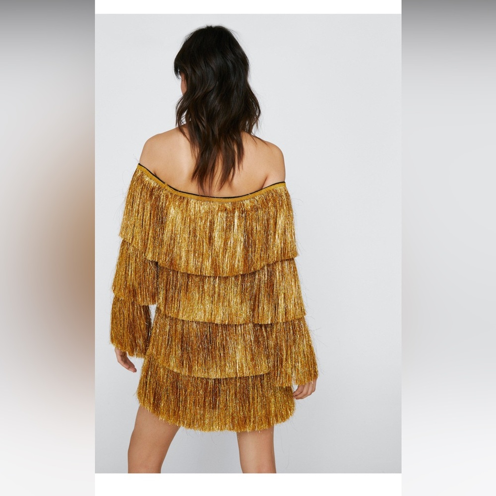 NWT Nasty Gal Bardot Fringe Gold Dress Size 10